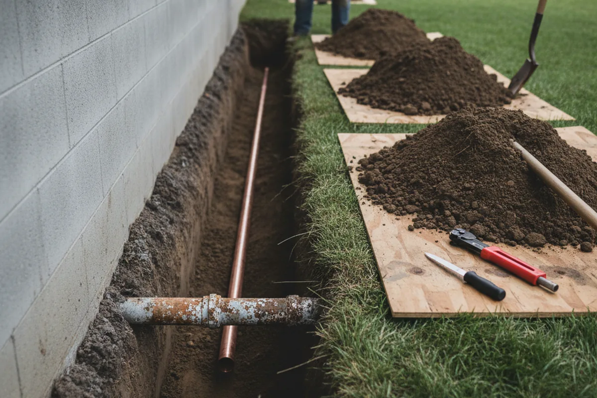 Excavated water line trench during Water Heater Repair in Wrightwood